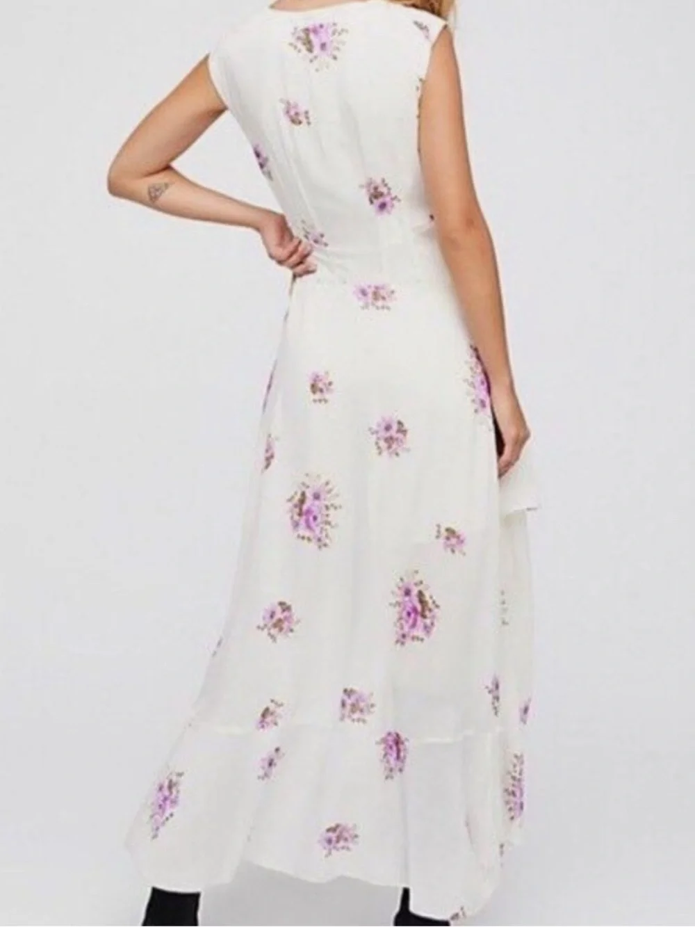 Free People Birdie Floral High-Low Midi Dress Feminine Boho Ivory Purple Size 8